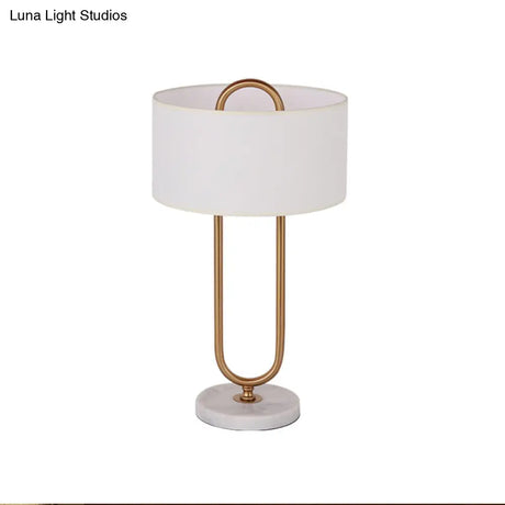 Minimalist White Drum Night Table Lamp With Brass Oval Stand - 1 Bulb Fabric Nightstand Light