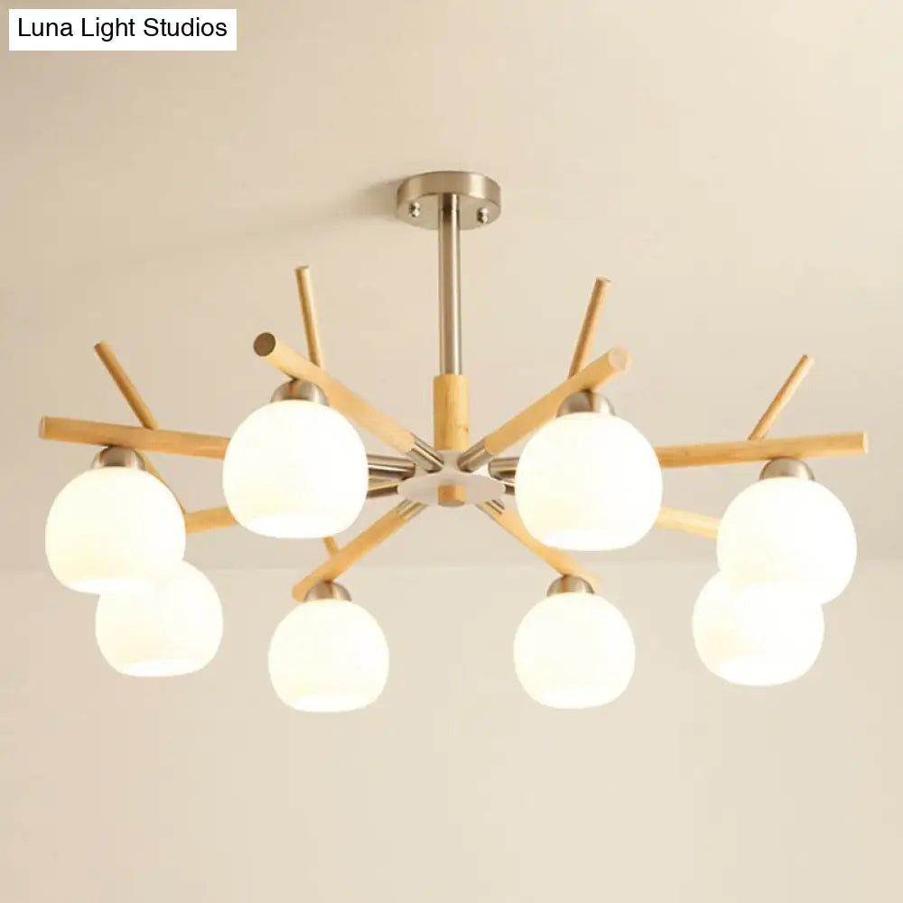 Dome Chandelier: Minimalist White Glass Hanging Light For Living Room With Rustic Wood Twig Deco 8 /