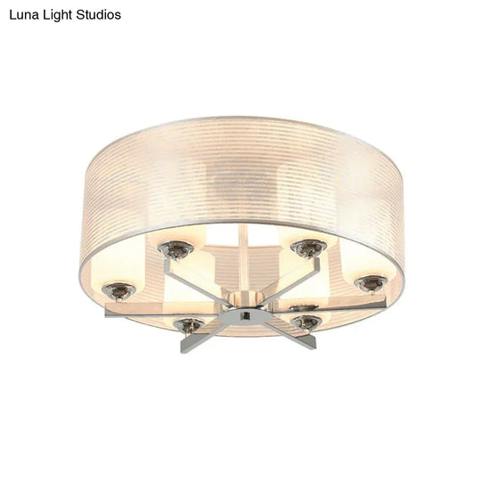 Minimalist White Glass Semi Flush Mount Drum Lighting With Chrome Finish - 6 Lights Tube Shade