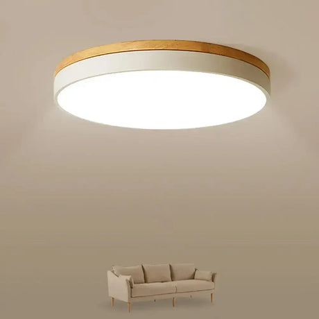 Minimalist White Led Acrylic Flushmount Ceiling Light With Wood Canopy - 12’/16’/19.5’