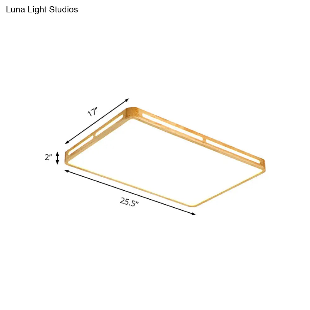 Minimalist Wood Beige Led Flush Mount Lamp For Bedroom - 25.5/37.5 Wide Rectangle Ceiling Light