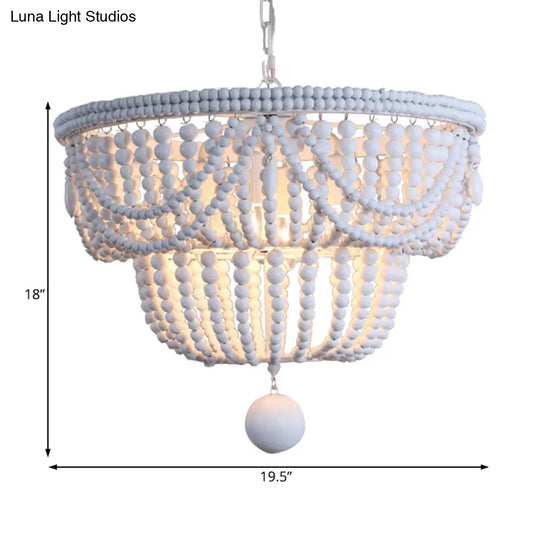 Minimalist Wood Layered Chandelier Lamp With 4 White Pendant Lights And Global Drop