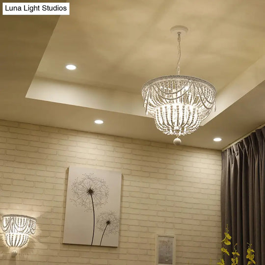 Minimalist Wood Layered Chandelier Lamp With 4 White Pendant Lights And Global Drop