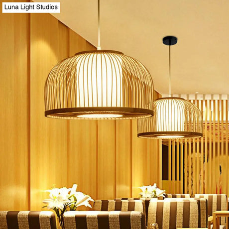 Minimalist Wood Pendant Light With Bamboo Shade - Restaurant Hanging Lighting