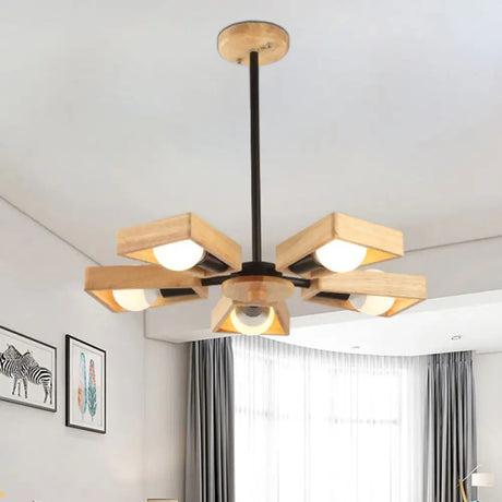 Minimalist Wood Suspension Chandelier For Living Room - Trapezoid Frame Design 5 / Black