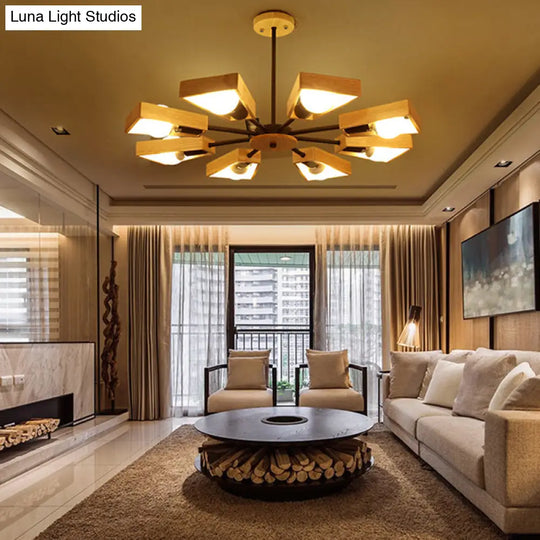 Minimalist Wood Suspension Chandelier For Living Room - Trapezoid Frame Design