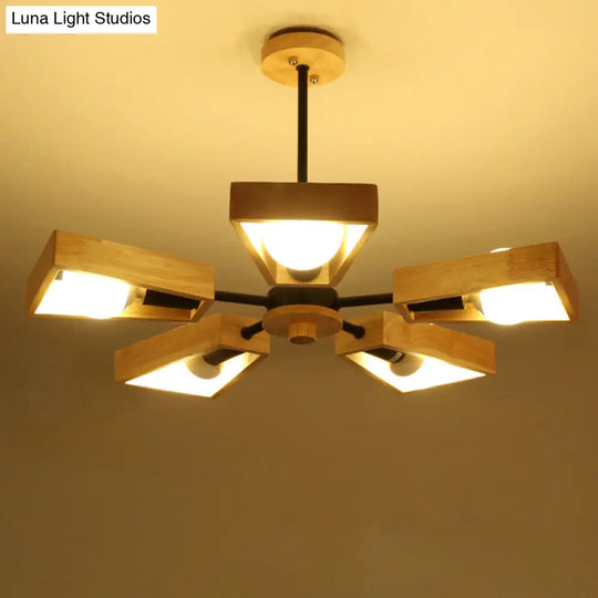 Minimalist Wood Suspension Chandelier For Living Room - Trapezoid Frame Design