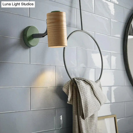Minimalist Wood Wall Sconce Light For Bathroom - Cylindrical Design With 1 And Yellow/Blue/Green
