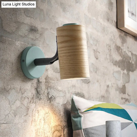 Minimalist Wood Wall Sconce Light For Bathroom - Cylindrical Design With 1 And Yellow/Blue/Green