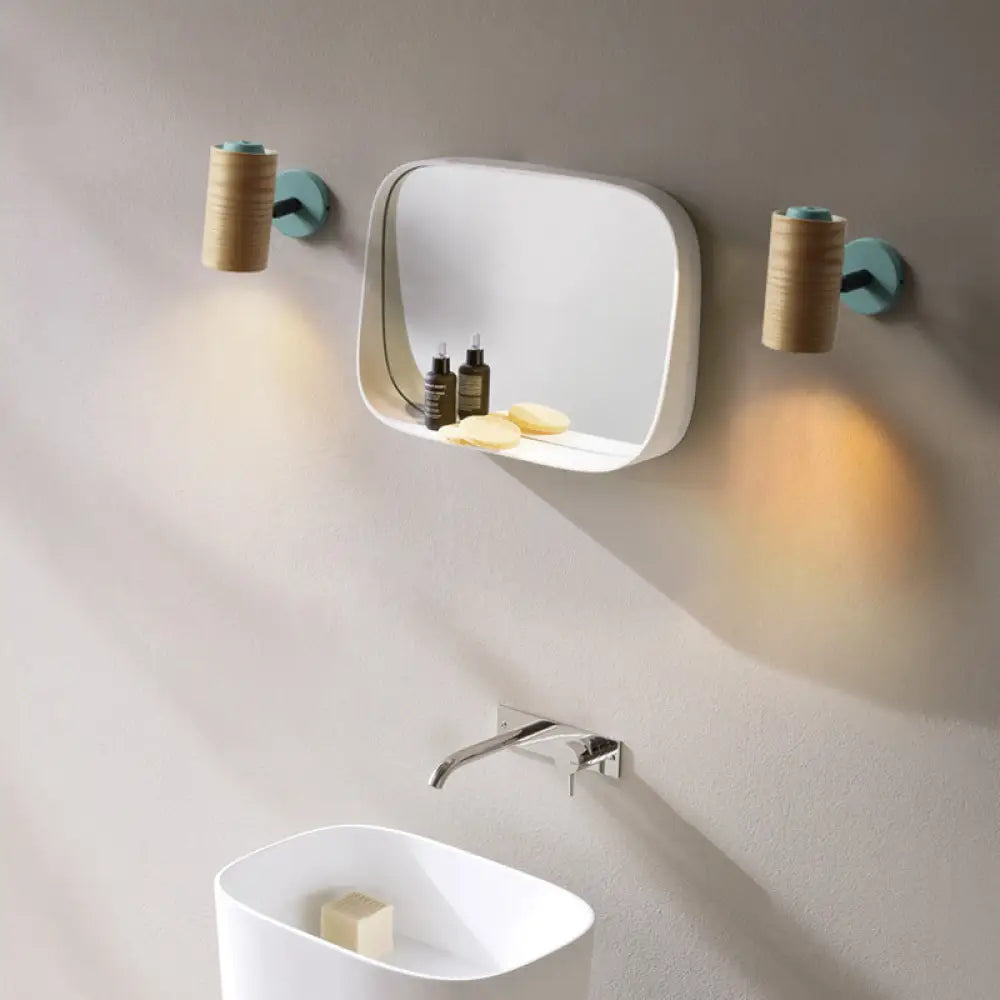 Minimalist Wood Wall Sconce Light For Bathroom - Cylindrical Design With 1 And Yellow/Blue/Green