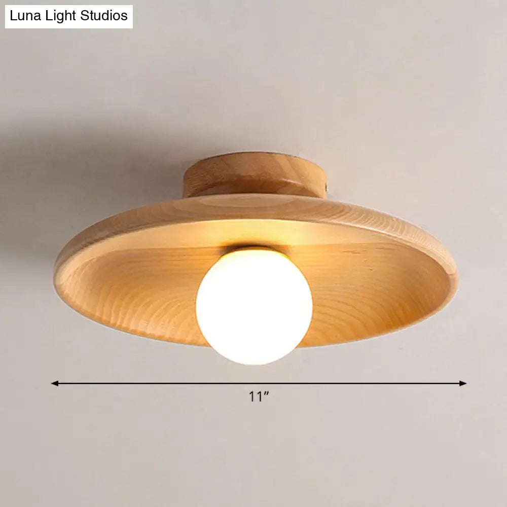 Minimalist Wooden Flush Mount Ceiling Lamp- Shallow Bowl Shape 1 Head- Perfect For Aisles Wood
