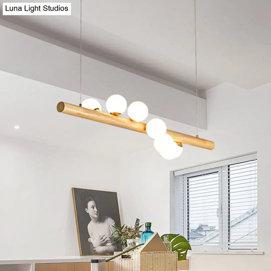 Minimalist Wooden Island Pendant With Glass Sphere For Living Room Ceiling Lighting