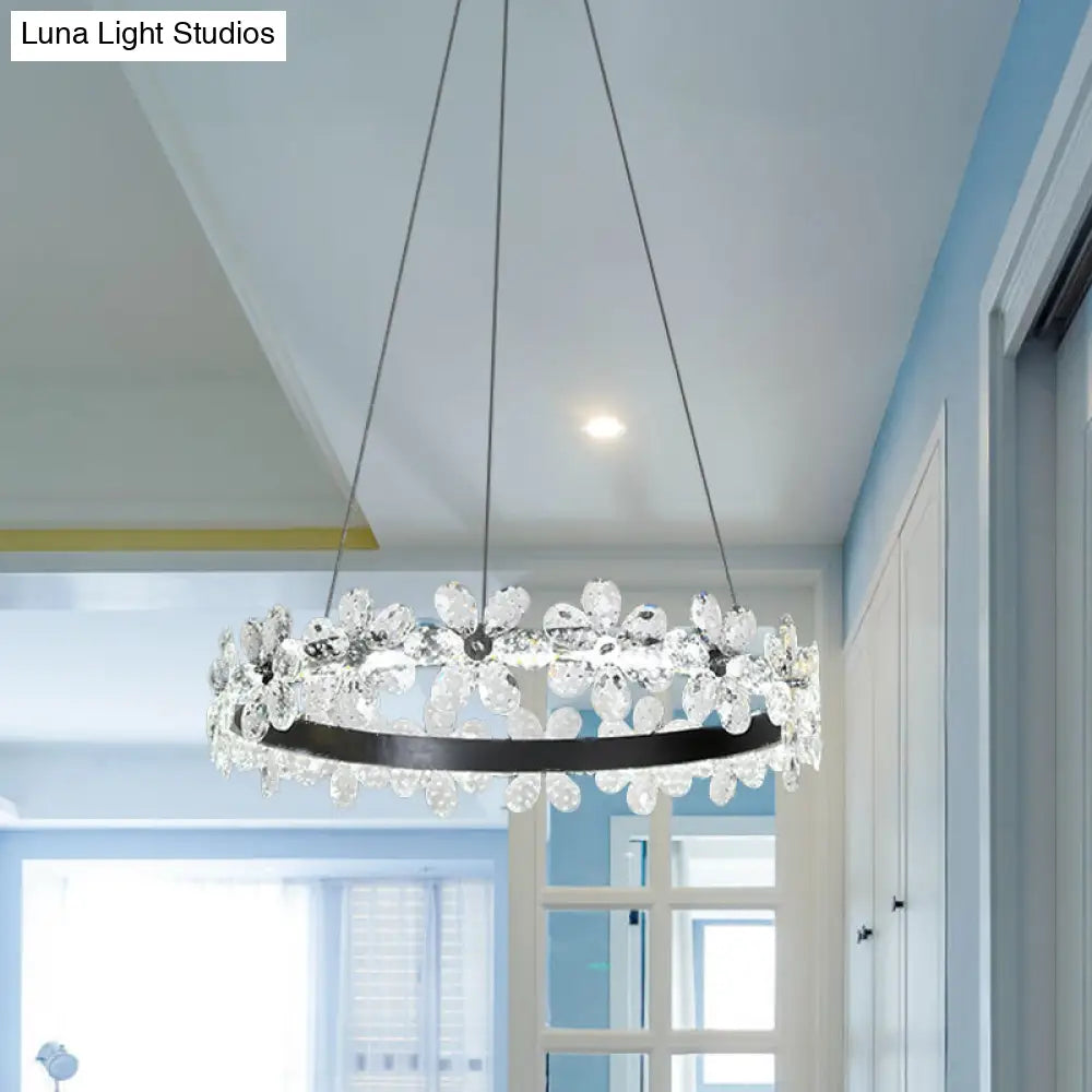 Minimalistic Black Crystal Flower Led Chandelier Lighting - Living Room Hoop Hanging Light Kit