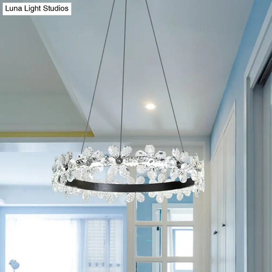 Minimalistic Black Crystal Flower Led Chandelier Lighting - Living Room Hoop Hanging Light Kit