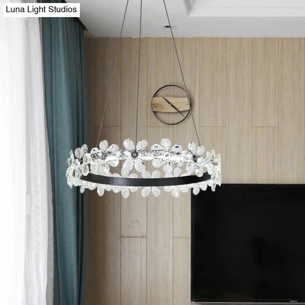 Minimalistic Black Crystal Flower Led Chandelier - 1/2-Tier Hoop Hanging Light Kit For Living Room