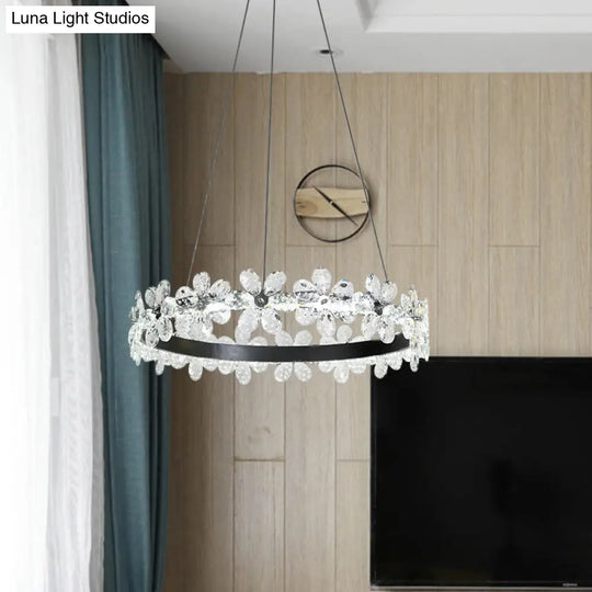 Minimalistic Black Crystal Flower Led Chandelier - 1/2-Tier Hoop Hanging Light Kit For Living Room
