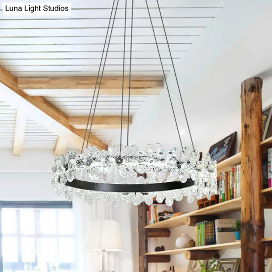 Minimalistic Black Crystal Flower Led Chandelier - 1/2-Tier Hoop Hanging Light Kit For Living Room /