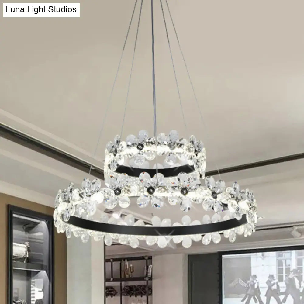 Minimalistic Black Crystal Flower Led Chandelier - 1/2-Tier Hoop Hanging Light Kit For Living Room /