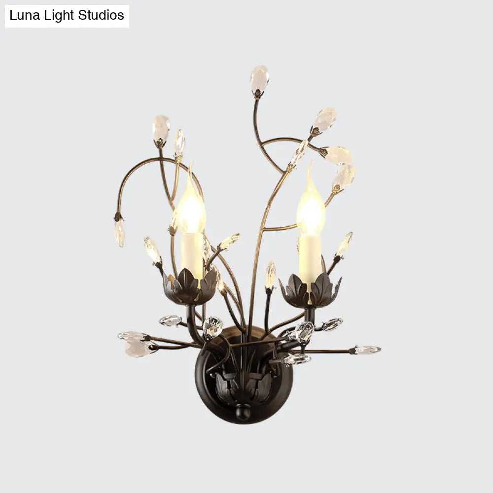 Minimalistic Black Crystal Sconce Lamp With Branching Design - 2-Bulb Candlestick Wall Light Fixture