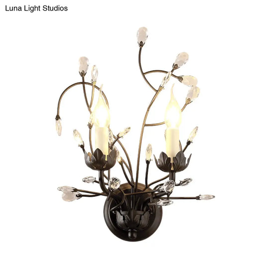 Minimalistic Black Crystal Sconce Lamp With Branching Design - 2-Bulb Candlestick Wall Light Fixture