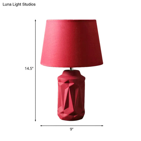Minimalistic Ceramic Red Nightstand Lamp - Geometric-Cut Cylinder Shape
