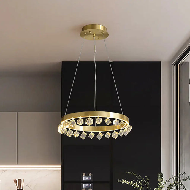 Minimalistic Gold Metal Led Pendant Light With Dangling Crystal Cube For Kitchen Dinette Chandelier
