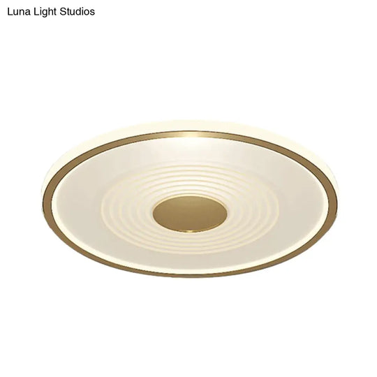 Minimalistic Led Flush Mount Lamp For Bedroom With White-Gold Finish And Acrylic Disc Shade - Warm