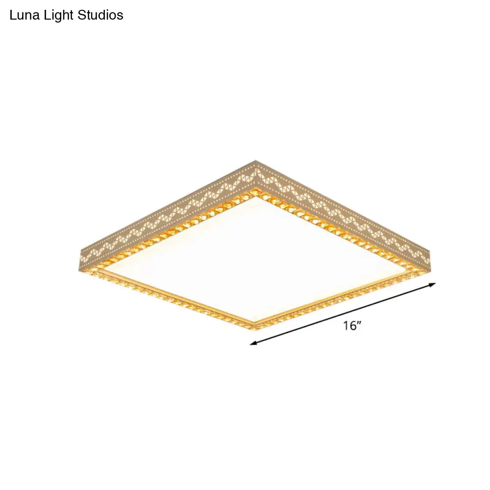 Minimalistic Led White Flush Ceiling Light With Crystal Block Deco - Metallic Finish
