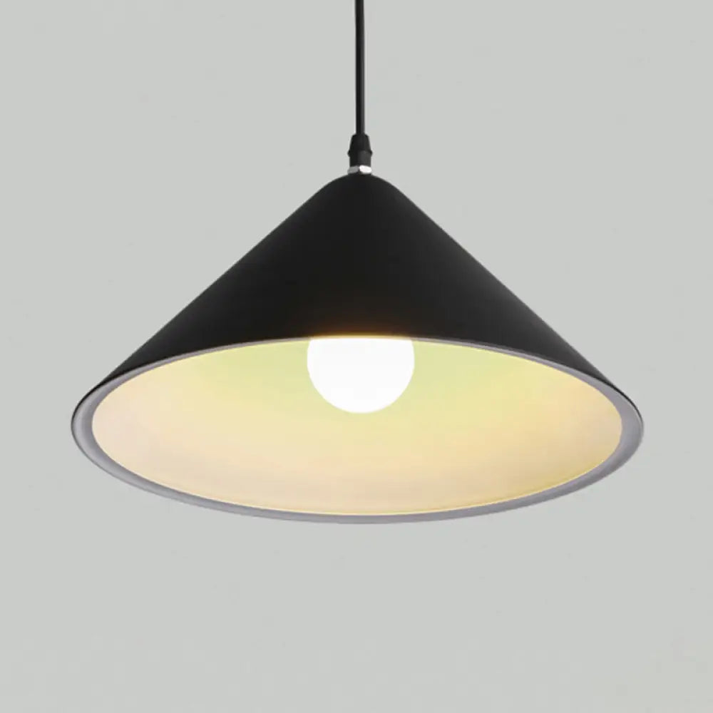 Minimalistic Metal Pendant Light For Dining Room - Conical Shape 1 Head Hanging Fixture Black