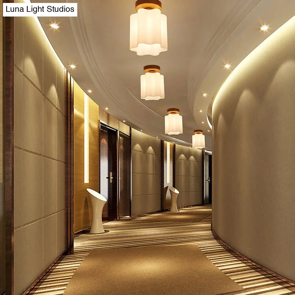 Minimalistic Milky Glass Prism Floral Ceiling Flush Light With Wood Flushmount Design - Ideal For