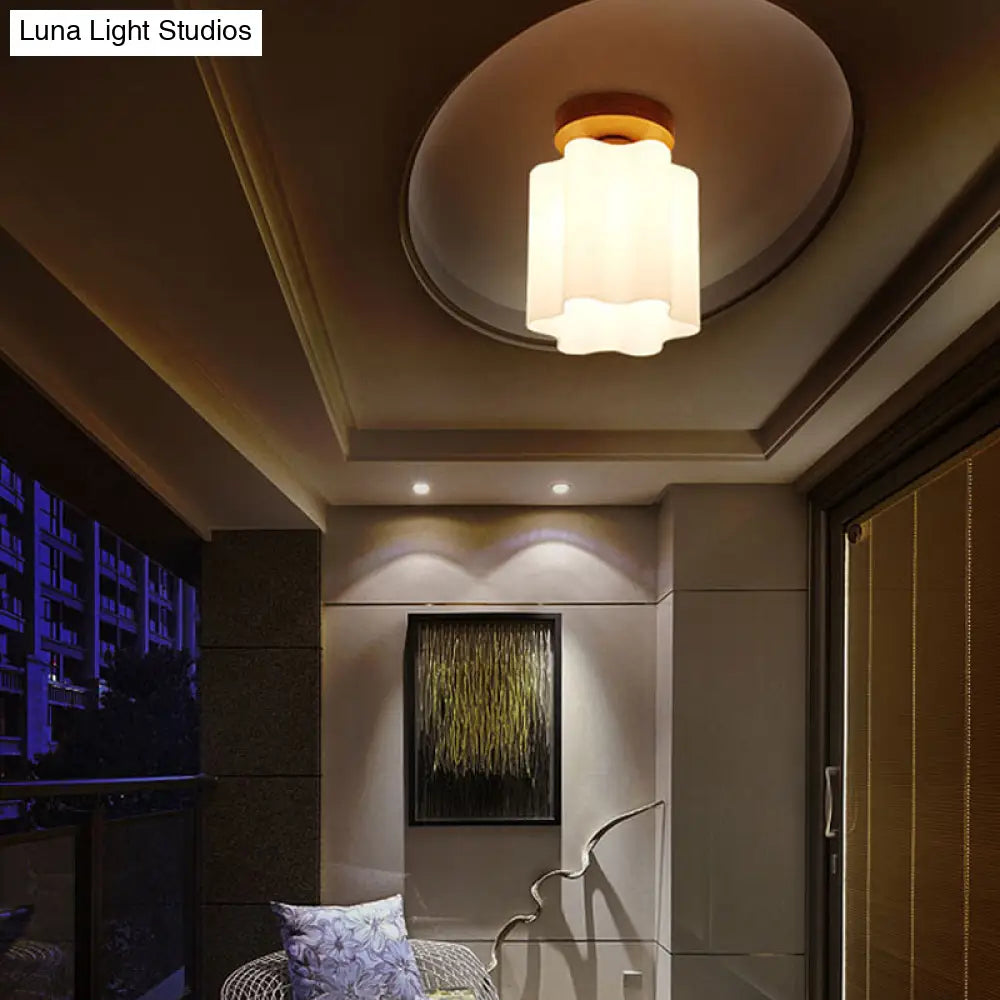 Minimalistic Milky Glass Prism Floral Ceiling Flush Light With Wood Flushmount Design - Ideal For