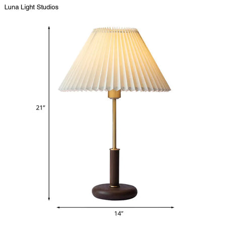 Minimalistic Plastic Beige Table Lamp: Pleated Shade Conical Design 1 Bulb Brown Base