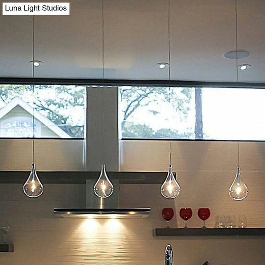 Chic Water-Drop Led Pendant Lamp In Clear Glass And Chrome For Snack Bar Ceiling