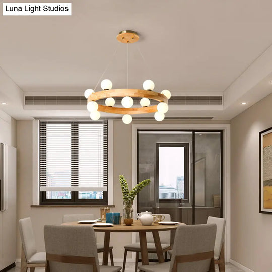 Minimalistic Led Pendant Light: Wooden Circular Chandelier With Opal Glass Shade