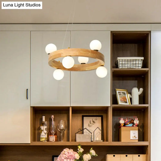 Minimalistic Wooden Led Chandelier With Opal Glass Shade