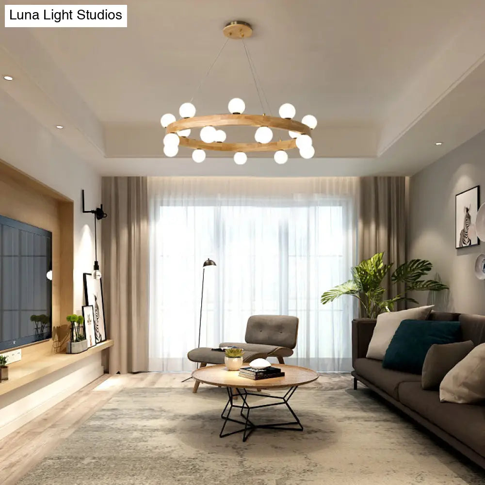 Minimalistic Led Pendant Light: Wooden Circular Chandelier With Opal Glass Shade 12 / Wood