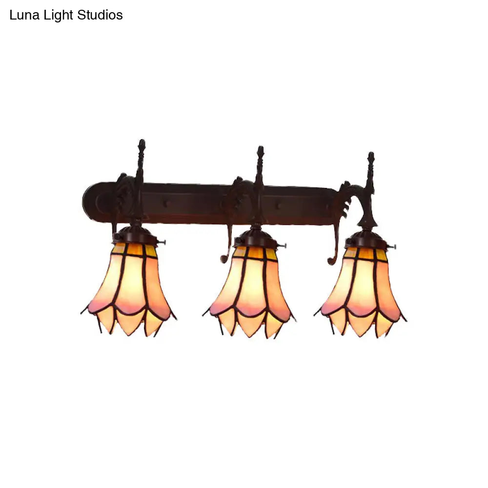 Mission Flower/Morning Glory 3-Light Pink Glass Wall Sconce With Curved Arm For Dining Room