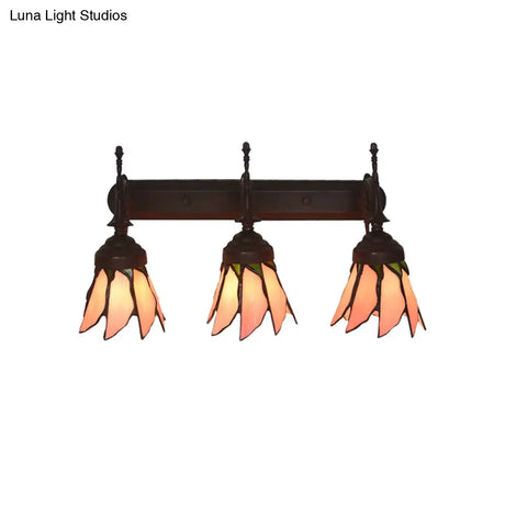 Mission Flower/Morning Glory 3-Light Pink Glass Wall Sconce With Curved Arm For Dining Room