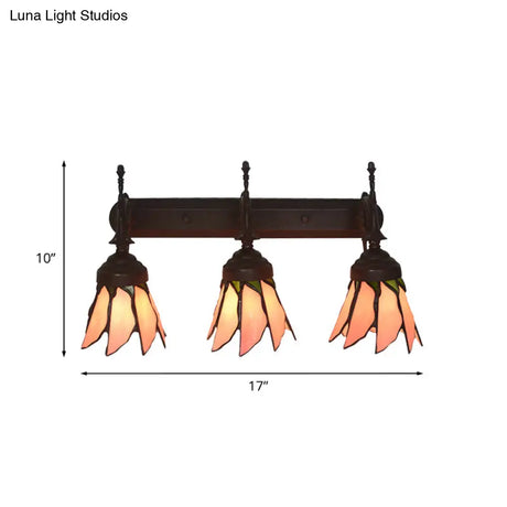 Mission Flower/Morning Glory 3-Light Pink Glass Wall Sconce With Curved Arm For Dining Room
