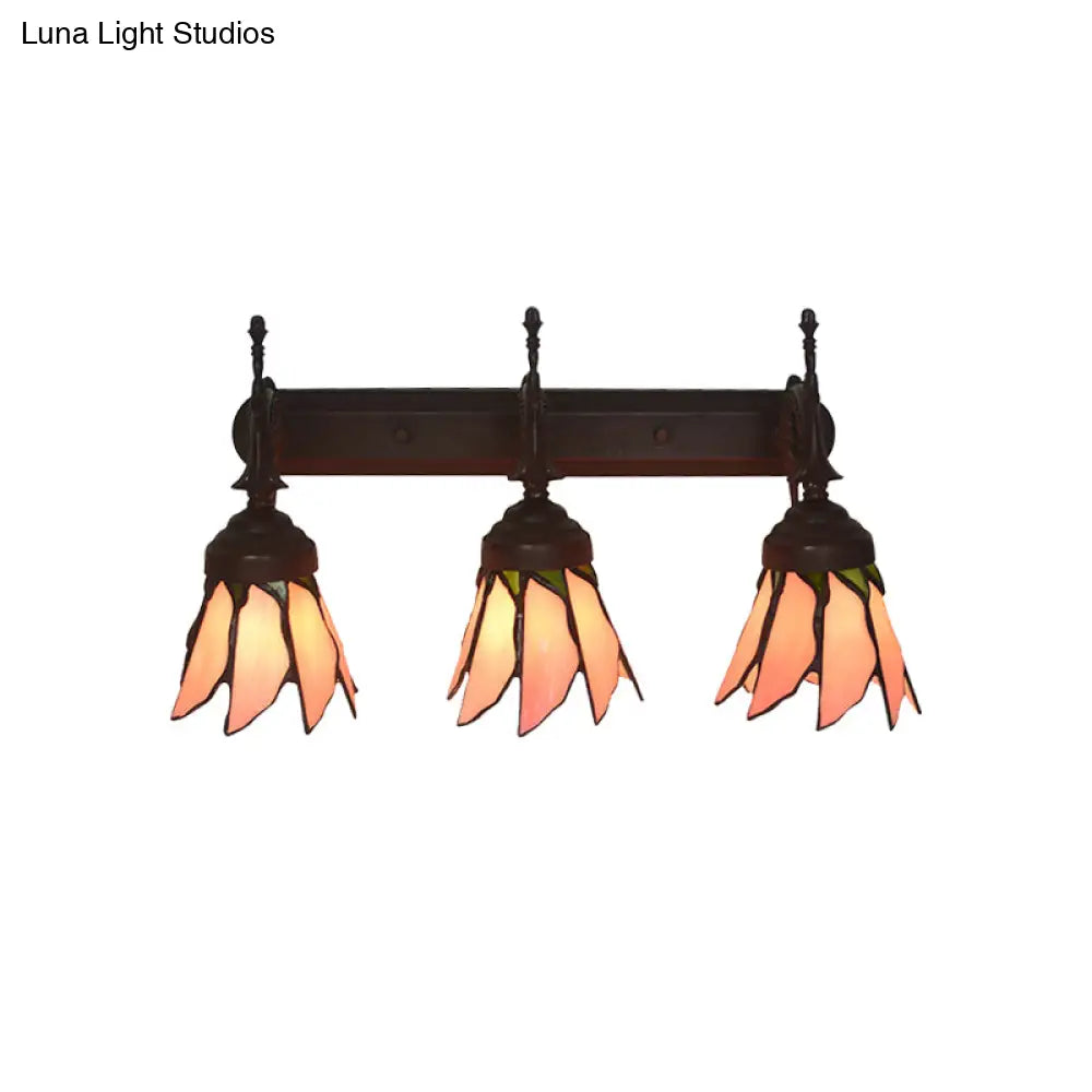 Mission Flower/Morning Glory 3-Light Pink Glass Wall Sconce With Curved Arm For Dining Room