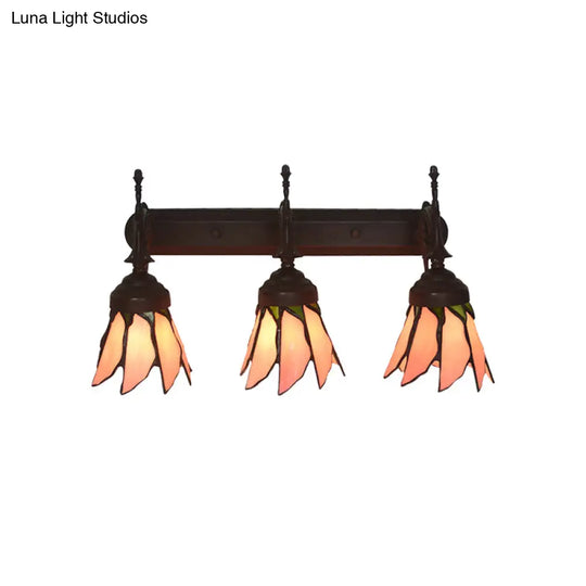 Mission Flower/Morning Glory 3-Light Pink Glass Wall Sconce With Curved Arm For Dining Room