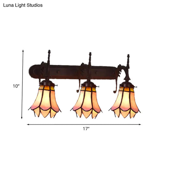Mission Flower/Morning Glory 3-Light Pink Glass Wall Sconce With Curved Arm For Dining Room