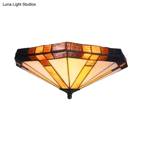 Mission Stained Glass Flush Mount Ceiling Light For Bedroom - 3-Light Fixture