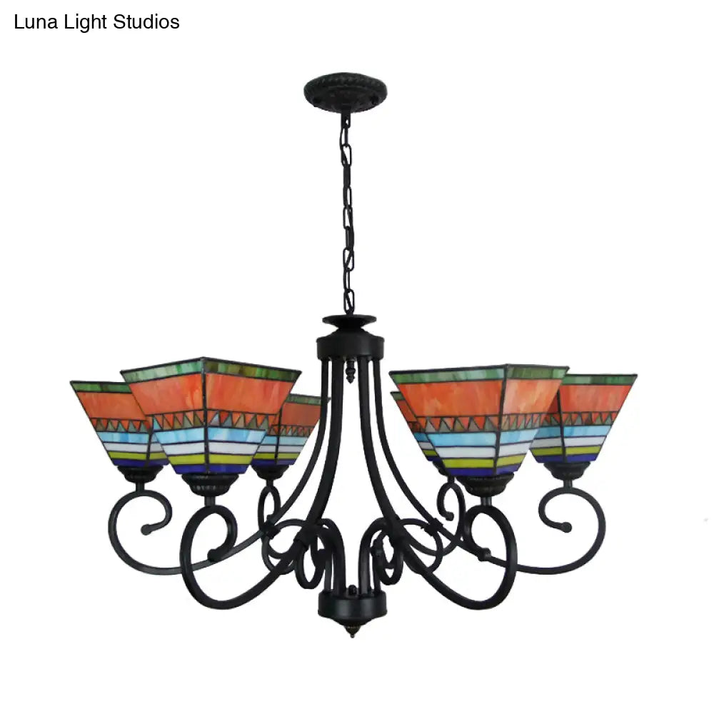 Mission Style Stained Glass Pyramid Chandelier With 6 Pink/Orange Lights - Perfect For Living Room