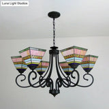 Mission Style Stained Glass Pyramid Chandelier With 6 Pink/Orange Lights - Perfect For Living Room