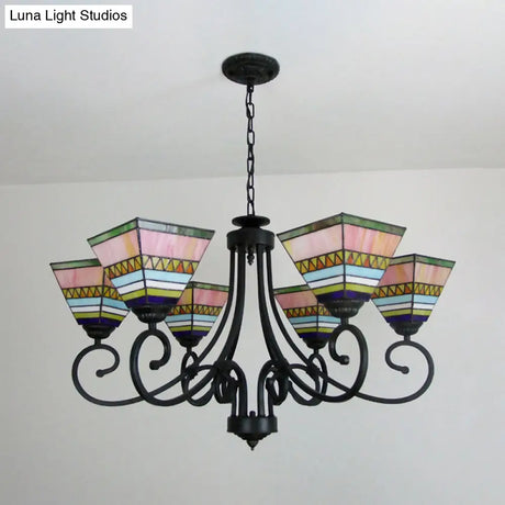 Mission Style Stained Glass Pyramid Chandelier With 6 Pink/Orange Lights - Perfect For Living Room