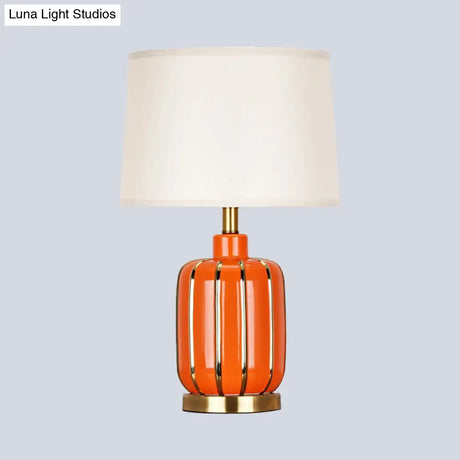 Modern 1- Bulb Nightstand Lamp: Beige/Gold Barrel Reading Light With Fabric Shade