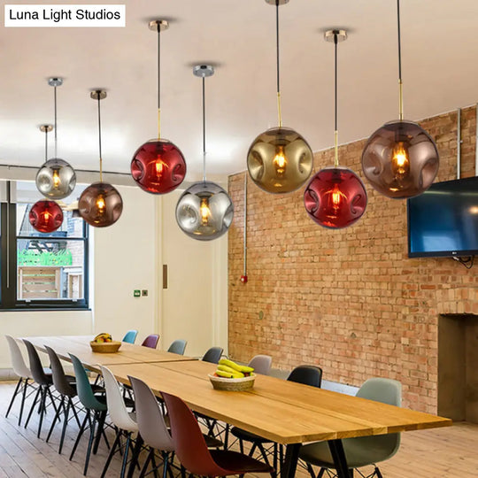 Modern 1 Bulb Pendant Light With Concave Glass Shade - Silver/Red Hanging Fixture For Restaurants