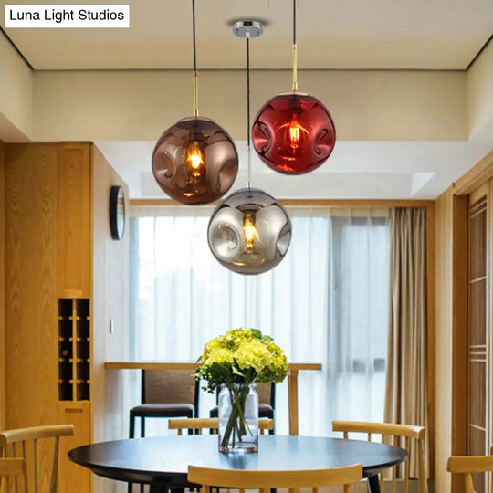 Modern 1 Bulb Pendant Light With Concave Glass Shade - Silver/Red Hanging Fixture For Restaurants