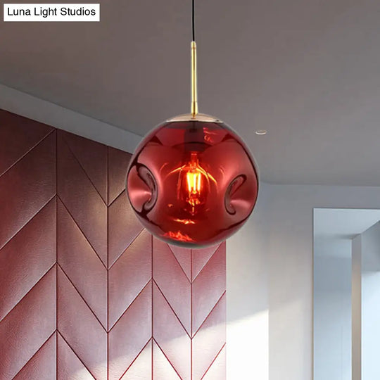 Modern 1 Bulb Pendant Light With Concave Glass Shade - Silver/Red Hanging Fixture For Restaurants